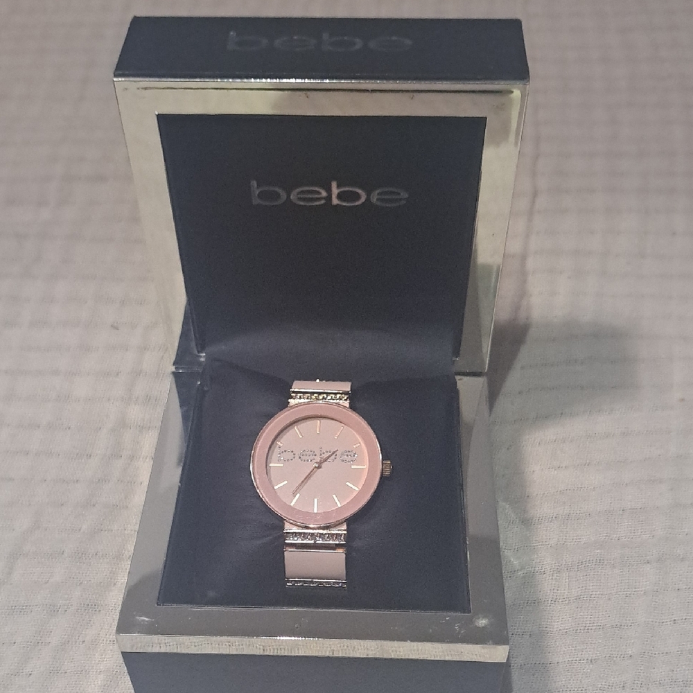 NIB Bebe Pink and Rosegold Watch With Rhinestone Accents On Bracelet
